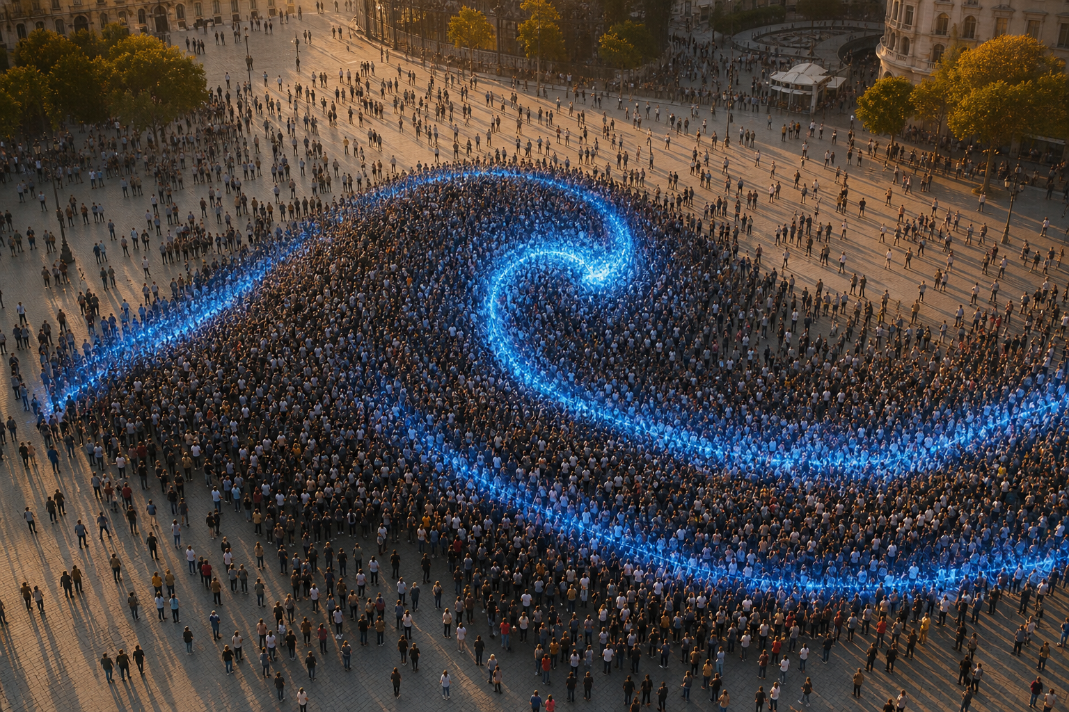 Vue aérienne d'un grand rassemblement de personnes formant une vague traversée d'une ondulation bleue électrique.