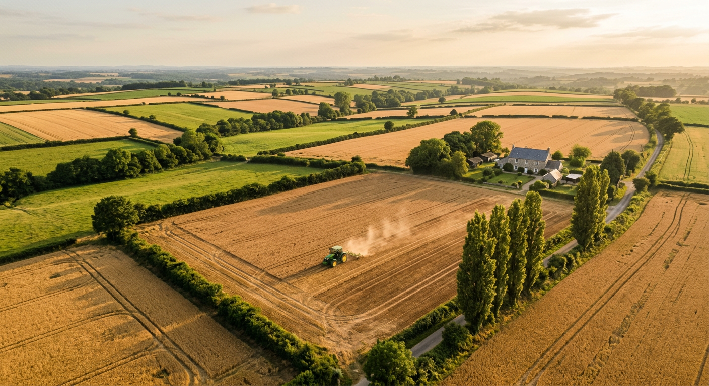 Vue aérienne de parcelles agricoles françaises au coucher du soleil, avec un tracteur travaillant un champ de blé.